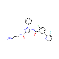 CNCCCNC(=O)c1cc(NC(=O)c2cc(-c3ncccc3F)ccc2Cl)n(-c2ccccc2)n1 ZINC001772641544