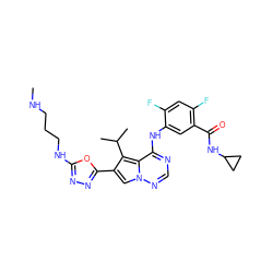 CNCCCNc1nnc(-c2cn3ncnc(Nc4cc(C(=O)NC5CC5)c(F)cc4F)c3c2C(C)C)o1 ZINC000029127972