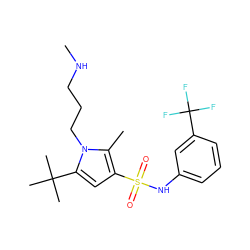 CNCCCn1c(C(C)(C)C)cc(S(=O)(=O)Nc2cccc(C(F)(F)F)c2)c1C ZINC000205360235