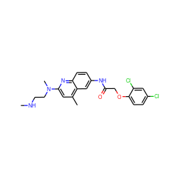 CNCCN(C)c1cc(C)c2cc(NC(=O)COc3ccc(Cl)cc3Cl)ccc2n1 ZINC000013671975