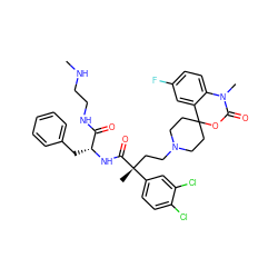 CNCCNC(=O)[C@@H](Cc1ccccc1)NC(=O)[C@](C)(CCN1CCC2(CC1)OC(=O)N(C)c1ccc(F)cc12)c1ccc(Cl)c(Cl)c1 ZINC000169330153