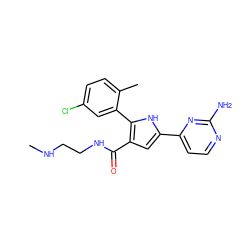 CNCCNC(=O)c1cc(-c2ccnc(N)n2)[nH]c1-c1cc(Cl)ccc1C ZINC000203540091