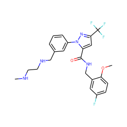 CNCCNCc1cccc(-n2nc(C(F)(F)F)cc2C(=O)NCc2cc(F)ccc2OC)c1 ZINC000049051295