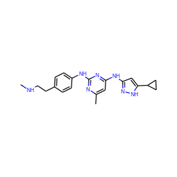 CNCCc1ccc(Nc2nc(C)cc(Nc3cc(C4CC4)[nH]n3)n2)cc1 ZINC000203004637