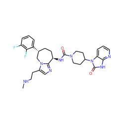 CNCCc1cnc2n1C[C@H](c1cccc(F)c1F)CC[C@H]2NC(=O)N1CCC(n2c(=O)[nH]c3ncccc32)CC1 ZINC000071341473