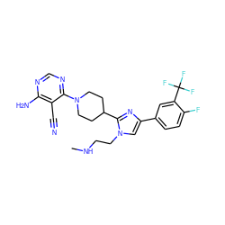 CNCCn1cc(-c2ccc(F)c(C(F)(F)F)c2)nc1C1CCN(c2ncnc(N)c2C#N)CC1 ZINC000218688470