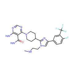 CNCCn1cc(-c2ccc(F)c(C(F)(F)F)c2)nc1C1CCN(c2ncnc(N)c2C(N)=O)CC1 ZINC000219096286