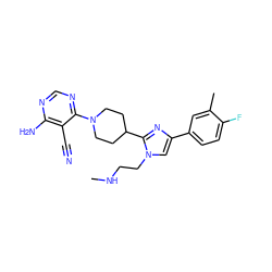 CNCCn1cc(-c2ccc(F)c(C)c2)nc1C1CCN(c2ncnc(N)c2C#N)CC1 ZINC000219095707