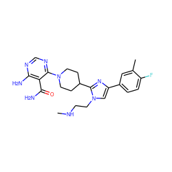 CNCCn1cc(-c2ccc(F)c(C)c2)nc1C1CCN(c2ncnc(N)c2C(N)=O)CC1 ZINC000206950586