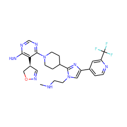 CNCCn1cc(-c2ccnc(C(F)(F)F)c2)nc1C1CCN(c2ncnc(N)c2[C@H]2C=NOC2)CC1 ZINC000219732440