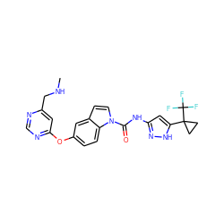 CNCc1cc(Oc2ccc3c(ccn3C(=O)Nc3cc(C4(C(F)(F)F)CC4)[nH]n3)c2)ncn1 ZINC000201324125