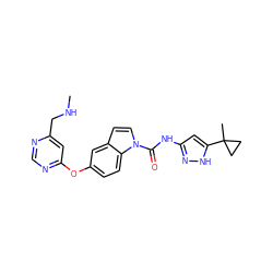 CNCc1cc(Oc2ccc3c(ccn3C(=O)Nc3cc(C4(C)CC4)[nH]n3)c2)ncn1 ZINC000201331993