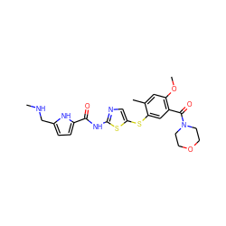 CNCc1ccc(C(=O)Nc2ncc(Sc3cc(C(=O)N4CCOCC4)c(OC)cc3C)s2)[nH]1 ZINC000036184866