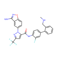 CNCc1ccccc1-c1ccc(NC(=O)c2cc(C(F)(F)F)nn2-c2ccc3onc(N)c3c2)c(F)c1 ZINC000001489805