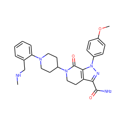 CNCc1ccccc1N1CCC(N2CCc3c(C(N)=O)nn(-c4ccc(OC)cc4)c3C2=O)CC1 ZINC000014969589