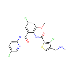 CNCc1csc(C(=O)Nc2c(OC)cc(Cl)cc2C(=O)Nc2ccc(Cl)cn2)c1Cl ZINC000014963023