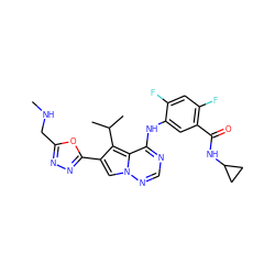 CNCc1nnc(-c2cn3ncnc(Nc4cc(C(=O)NC5CC5)c(F)cc4F)c3c2C(C)C)o1 ZINC000029128233