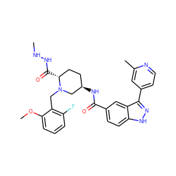 CNNC(=O)[C@@H]1CC[C@@H](NC(=O)c2ccc3[nH]nc(-c4ccnc(C)c4)c3c2)CN1Cc1c(F)cccc1OC ZINC000205013004