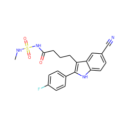 CNS(=O)(=O)NC(=O)CCCc1c(-c2ccc(F)cc2)[nH]c2ccc(C#N)cc12 ZINC000029041443