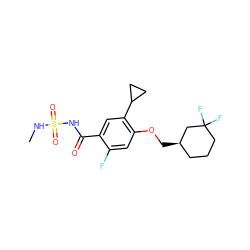 CNS(=O)(=O)NC(=O)c1cc(C2CC2)c(OC[C@@H]2CCCC(F)(F)C2)cc1F ZINC000261162448