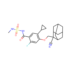 CNS(=O)(=O)NC(=O)c1cc(C2CC2)c(OCC2(C#N)C3CC4CC(C3)CC2C4)cc1F ZINC000473227378