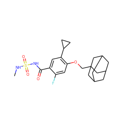 CNS(=O)(=O)NC(=O)c1cc(C2CC2)c(OCC23CC4CC(CC(C4)C2)C3)cc1F ZINC000225251580