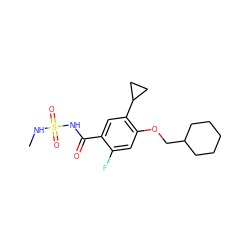 CNS(=O)(=O)NC(=O)c1cc(C2CC2)c(OCC2CCCCC2)cc1F ZINC000216242286