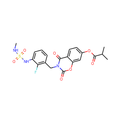 CNS(=O)(=O)Nc1cccc(Cn2c(=O)oc3cc(OC(=O)C(C)C)ccc3c2=O)c1F ZINC000653863013