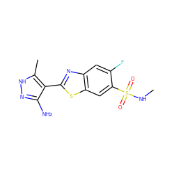 CNS(=O)(=O)c1cc2sc(-c3c(N)n[nH]c3C)nc2cc1F ZINC000114399550