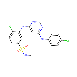 CNS(=O)(=O)c1ccc(Cl)c(Nc2cc(Nc3ccc(Cl)cc3)ncn2)c1 ZINC000198440248