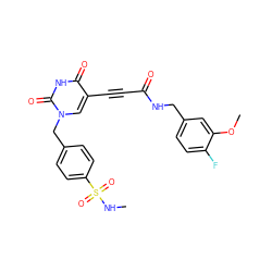 CNS(=O)(=O)c1ccc(Cn2cc(C#CC(=O)NCc3ccc(F)c(OC)c3)c(=O)[nH]c2=O)cc1 ZINC001772647204