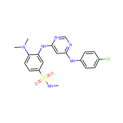 CNS(=O)(=O)c1ccc(N(C)C)c(Nc2cc(Nc3ccc(Cl)cc3)ncn2)c1 ZINC000204194931