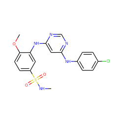 CNS(=O)(=O)c1ccc(OC)c(Nc2cc(Nc3ccc(Cl)cc3)ncn2)c1 ZINC000204186339