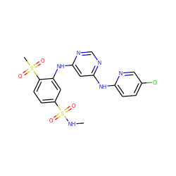 CNS(=O)(=O)c1ccc(S(C)(=O)=O)c(Nc2cc(Nc3ccc(Cl)cn3)ncn2)c1 ZINC000204187287