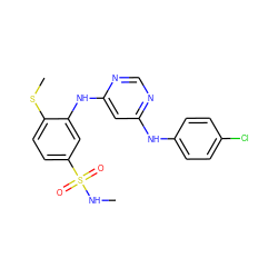 CNS(=O)(=O)c1ccc(SC)c(Nc2cc(Nc3ccc(Cl)cc3)ncn2)c1 ZINC000204159148