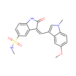 CNS(=O)(=O)c1ccc2c(c1)/C(=C/c1cn(C)c3ccc(OC)cc13)C(=O)N2 ZINC000013538935