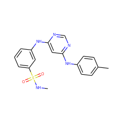 CNS(=O)(=O)c1cccc(Nc2cc(Nc3ccc(C)cc3)ncn2)c1 ZINC000198455989