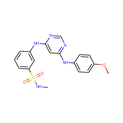 CNS(=O)(=O)c1cccc(Nc2cc(Nc3ccc(OC)cc3)ncn2)c1 ZINC000199531444