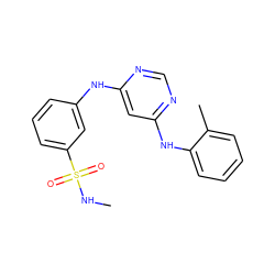 CNS(=O)(=O)c1cccc(Nc2cc(Nc3ccccc3C)ncn2)c1 ZINC001772615654