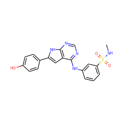 CNS(=O)(=O)c1cccc(Nc2ncnc3[nH]c(-c4ccc(O)cc4)cc23)c1 ZINC000204893838