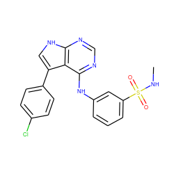 CNS(=O)(=O)c1cccc(Nc2ncnc3[nH]cc(-c4ccc(Cl)cc4)c23)c1 ZINC000204861715