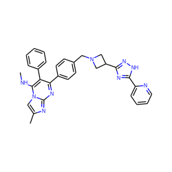 CNc1c(-c2ccccc2)c(-c2ccc(CN3CC(c4n[nH]c(-c5ccccn5)n4)C3)cc2)nc2nc(C)cn12 ZINC000166664846