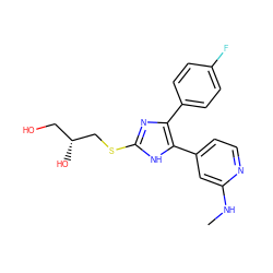 CNc1cc(-c2[nH]c(SC[C@H](O)CO)nc2-c2ccc(F)cc2)ccn1 ZINC000040861551