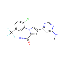 CNc1cc(-c2cc(C(N)=O)n(-c3cc(C(F)(F)F)ccc3Cl)c2)ncn1 ZINC000299854868