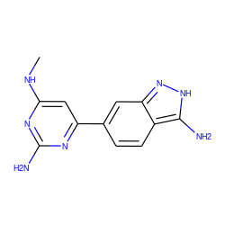 CNc1cc(-c2ccc3c(N)[nH]nc3c2)nc(N)n1 ZINC000071329513