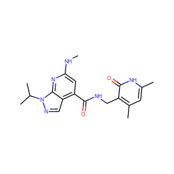 CNc1cc(C(=O)NCc2c(C)cc(C)[nH]c2=O)c2cnn(C(C)C)c2n1 ZINC000142953115