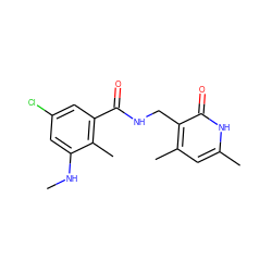 CNc1cc(Cl)cc(C(=O)NCc2c(C)cc(C)[nH]c2=O)c1C ZINC000207603696