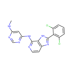 CNc1cc(Nc2nccc3nc(-c4c(Cl)cccc4Cl)[nH]c23)ncn1 ZINC000095698519