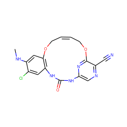 CNc1cc2c(cc1Cl)NC(=O)Nc1cnc(C#N)c(n1)OC/C=C\CO2 ZINC000028962732