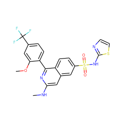 CNc1cc2cc(S(=O)(=O)Nc3nccs3)ccc2c(-c2ccc(C(F)(F)F)cc2OC)n1 ZINC000215503822